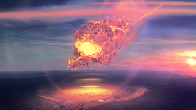 Tunguska event. Meteor air burst over siberian forest. 2d illustration.