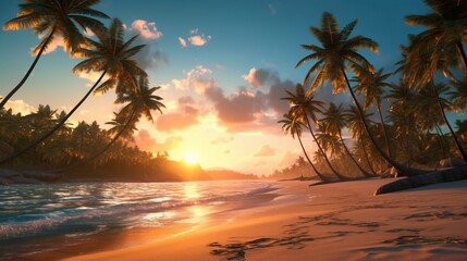 Obraz na płótnie Canvas A beautiful beach with coconuts trees at sunset. Generative AI.