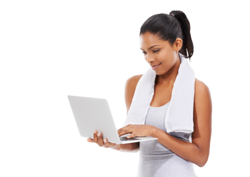 Isolated woman, workout and typing with laptop for fitness research, reading and transparent png background. Girl, model or personal trainer with pc for writing wellness blog, search and health info