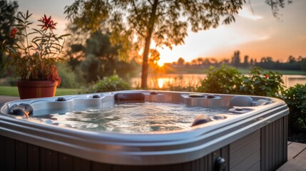 A bubbling hot tub in a backyard. Generative AI. - obrazy, fototapety, plakaty