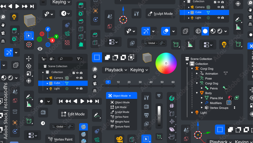 Poster background of 3d tools. tool blocks bg. set of icon panels and tools for 3d designers. buttons and i