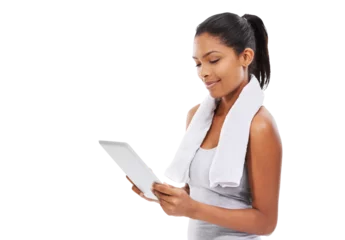 Foto op Canvas Isolated woman, tablet and workout with fitness video, focus or reading article by transparent png background. Girl, model and personal trainer with touchscreen for wellness, advice and social media © Harsh Shrikant/peopleimages.com