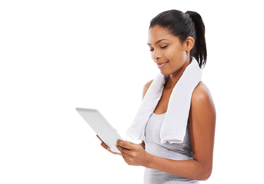 Isolated woman, tablet and workout with fitness video, focus or reading article by transparent png background. Girl, model and personal trainer with touchscreen for wellness, advice and social media