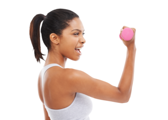 Arm, flex and woman with dumbbell for fitness, workout and power on isolated, transparent and png background. Weights, flexing and female weightlifting at gym for exercise, training and resilience