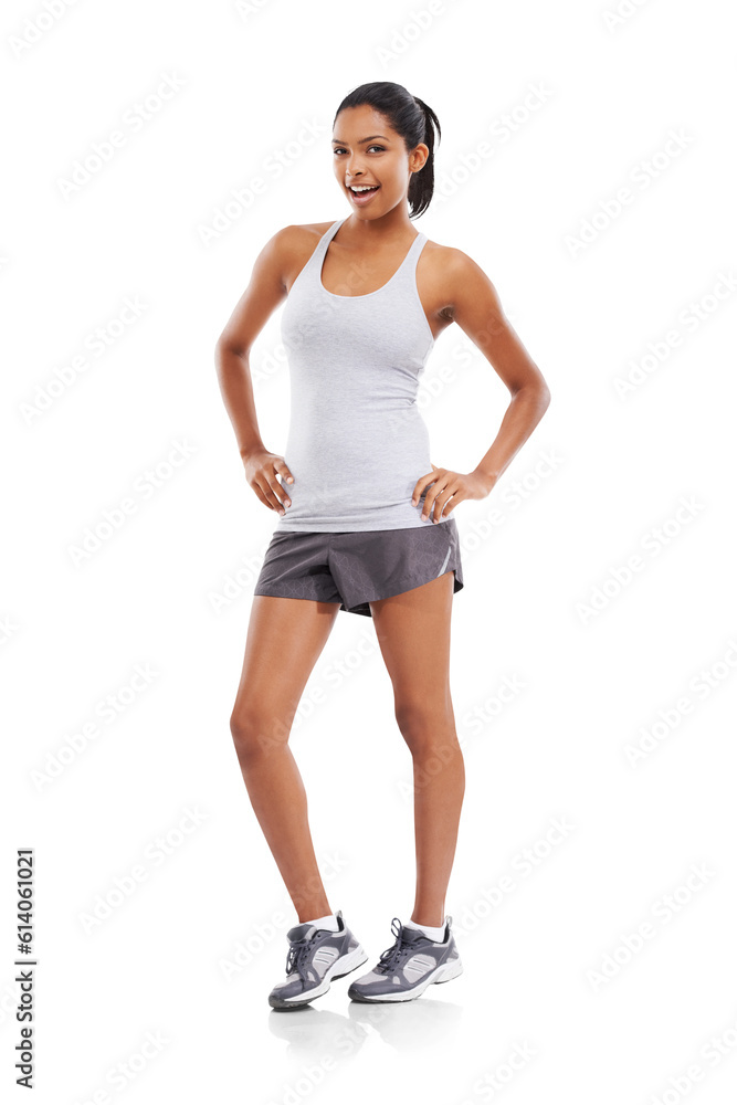 Wall mural body, fitness and portrait of woman isolated on transparent png background with smile, confidence an