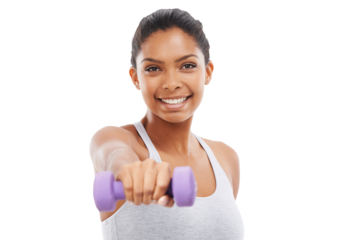 Isolated woman, dumbbell and smile in portrait for fitness, self care or training by transparent png background. Girl, model and bodybuilder with weightlifting, exercise and workout for muscle growth