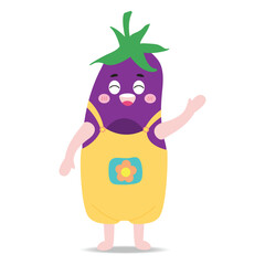 Cartoon Eggplant character. Greeting gesture standing on white background greeting. Cute smiling. Flat vector illustration.