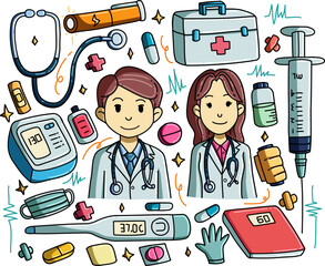 Doodle illustration designs with the theme of the medical profession can be used for merchandise such as t-shirts, clothes, mugs, etc. 