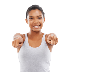 Isolated woman, point and you for fitness, portrait and gym recruitment by transparent png background. Girl, model or personal trainer with choice, selection and sign for decision with excited smile