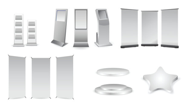 set of realistic trade exhibition banner stand or white blank exhibition kiosk or stand booth corporate commercial.