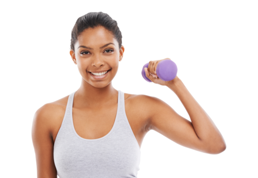 Portrait, smile and woman with dumbbell for fitness, workout and power on isolated, transparent and png background. Weights, face and female weightlifting at gym for exercise, training or cardio