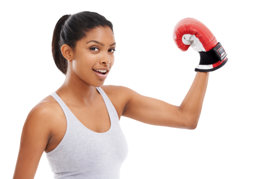 Isolated boxing woman, flexing and portrait with smile, sport or fitness by transparent png background. Happy boxer girl, martial arts athlete and strong arms for fight contest, exercise or workout