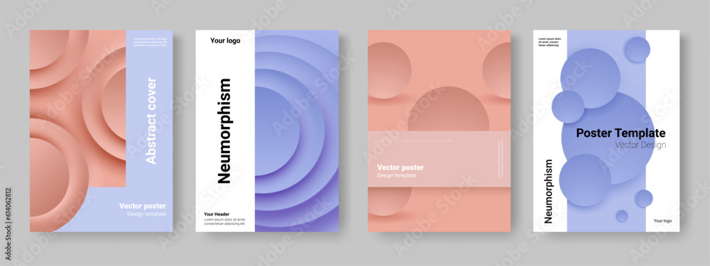 Poster Graphic covers. Neumorphism circles. Abstract shapes. Catalog template or book layout. Minimal presentation banners. Concentric overlay figures and ripple. Vector pastel backgrounds set