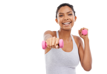 Exercise, portrait and happy woman with dumbbells for fitness on isolated, transparent and png background. Face, smile and female personal trainer with weights for training, workout and Zumba routine