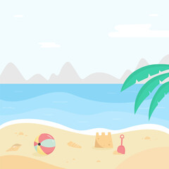 Fototapeta na wymiar Sandy seashore with sand castle, ball and shovel
