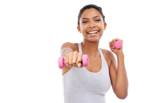 Exercise, portrait and happy woman with dumbbells for fitness on isolated, transparent and png background. Face, smile and female personal trainer with weights for training, workout and Zumba routine