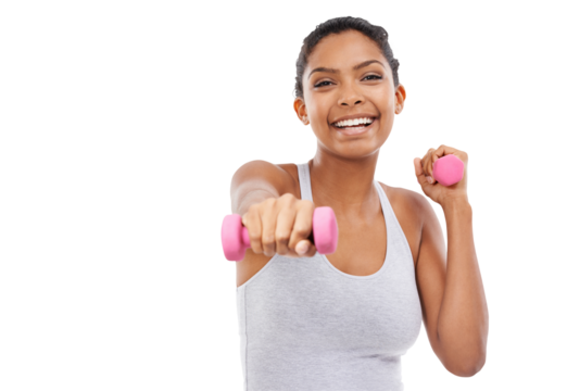 Exercise, portrait and happy woman with dumbbells for fitness on isolated, transparent and png background. Face, smile and female personal trainer with weights for training, workout and Zumba routine