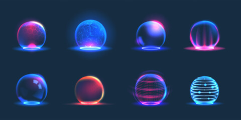 Protect shield. Circle sphere fields, force bubble 3d protection domes, technology energy transparent barriers neon colors, futuristic globe effect. Vector background space isolated elements
