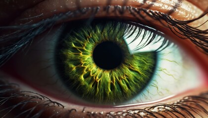 Hyper realistic close-up of a green eye in macro. A bright green sustainable future. High quality photo