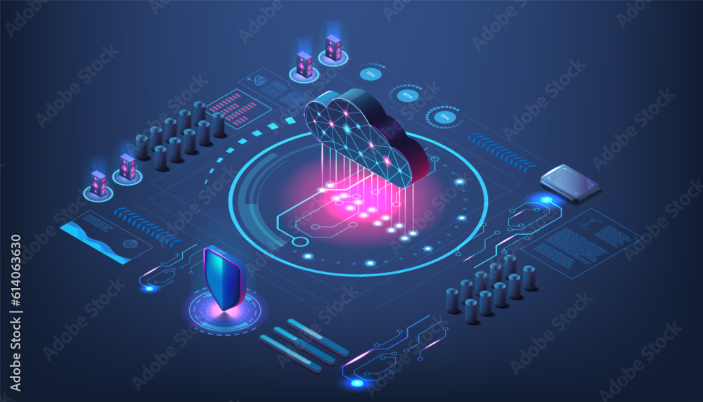 Fototapete Digital data cloud. Technology center. Files storage. Virtual server. 3d application platform. Isometric network infrastructure. Database connection. Vector computer system concept