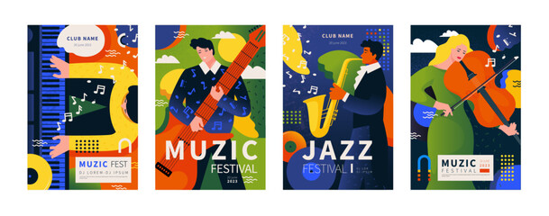 Music posters. Concert invitation banner, jazz party, abstract dance band with instruments, carnival or event flyers, people fest. Musicians playing on guitar vector illustration background