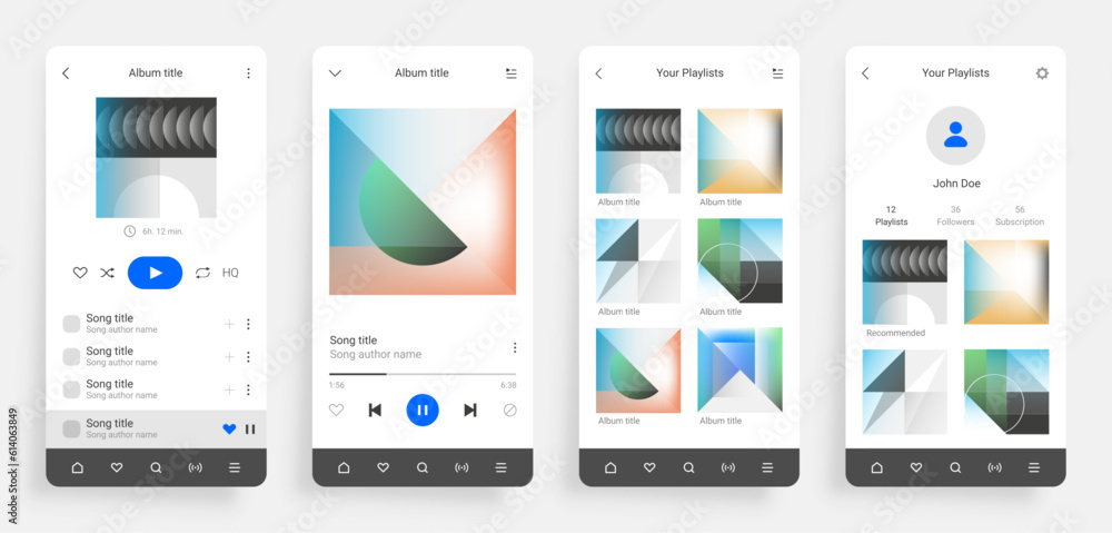 Poster Music player app. Mobile multimedia application interface. Musical album. Songs playlist. UI design layout with control buttons. Geometric shapes. Vector smartphone screen templates set