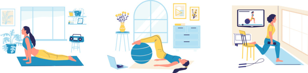 Home sport. Young woman doing exercises on mat. Girl training with ball and dumbbells. Female practicing yoga. Indoor workout. Video instruction. Vector athletic room activities set
