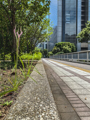 Urban landscape gardening central park city downtown Tokyo with flowers on bloom, trees and floral nature scenery peaceful tranquil recreation