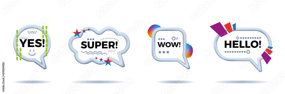 Poster 3d talk balloon bubbles for idea, speech or comment frame. Wow dialogue messages, text chat frames, social cloud labels different forms, cloud or round. Text space. Vector icon background