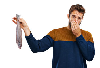 Fish smell, bad and man portrait holding nose isolated on transparent, png background. Dead seafood, funny gesture and male person with comedy and prank feeling disgust from smelly food with humor