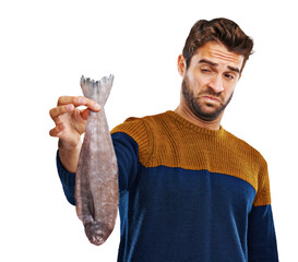 Fish stinky smell, disgust and man isolated on a transparent, png background. Dead seafood, funny gesture and young male person with comedy and prank feeling gross from smelly food with humor