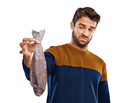 Fish stinky smell, disgust and man isolated on a transparent, png background. Dead seafood, funny gesture and young male person with comedy and prank feeling gross from smelly food with humor