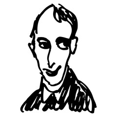 Portrait of a smiling funny middle aged man. Hand drawn linear doodle rough sketch. Grotesque caricature drawing. Black silhouette on white background.