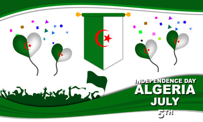 Algerian flag and love shaped balloons algerian flag with silhouettes of its people celebrating or commemorating Independence Day in Algeria on July 5