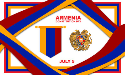 Armenian flag and emblem with a ribbon background frame of Armenian flag colors and bold text. commemorate Armenia Constitution Day on July 5
