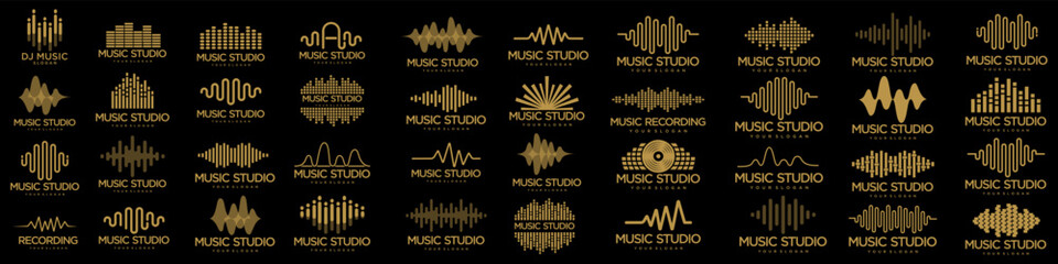 Sound wave icons set. Music waves symbols. Audio logos template. Voice equalizer emblems idea.