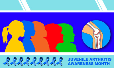 silhouettes of children in various colors and illustrations of knee bones and bold text commemorating Juvenile Arthritis Awareness Month
silhouettes of children in various colors and illustrations of 