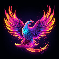 Illustration, Generative AI, Phoenix bird, abstract portrait of a bird, neon icon on a dark background.