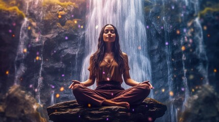 Power of mindfulness. Young woman meditating near the cave waterfall - obrazy, fototapety, plakaty