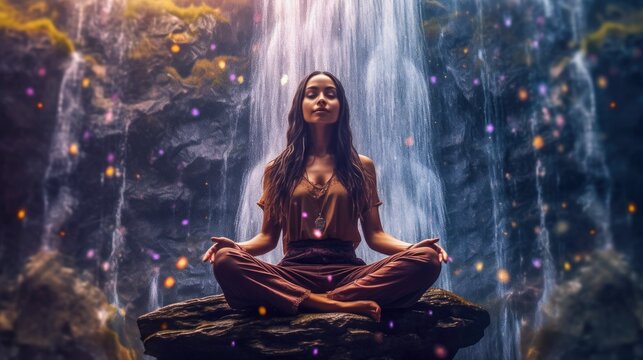 Power of mindfulness. Young woman meditating near the cave waterfall