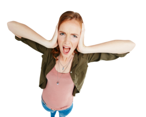 Portrait, screaming and covering ears with a woman isolated on a transparent background to block noise. Stress, mental health and anxiety with a frustrated female person shouting loud on above PNG