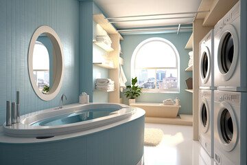 Interior of bathroom with modern washing machine