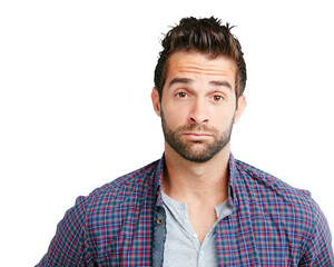 Serious, sad and portrait of a man in a shirt with a problem, anxiety or looking sick. Depression, mental health and a person with fear, tired or depressed isolated on a transparent png background