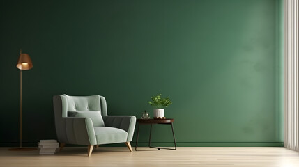 Green living room wall background with dark green armchair and decoration minimal.