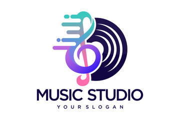 Music logo template. note and vinyl record icon.vector illustration