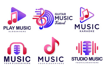 Music logo.spectrum,vinyl record,guitar,tone,microphone and headphone icon set .vector illustration