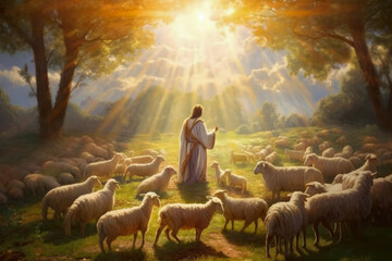 Image of Shepherd Jesus Christ leading the sheep and praying to God , Created with Generative Ai Technology - obrazy, fototapety, plakaty