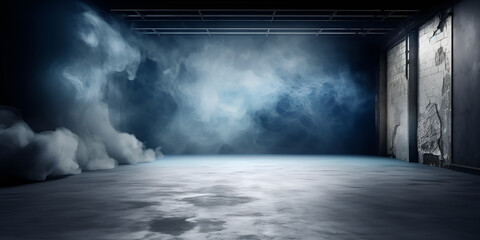 Fototapeta na wymiar A dark empty room with a blue smoke cloud in the corner