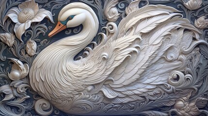 The painting of a white swan in a flower arrangement