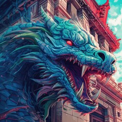 The dragon is blue and red in front of a building